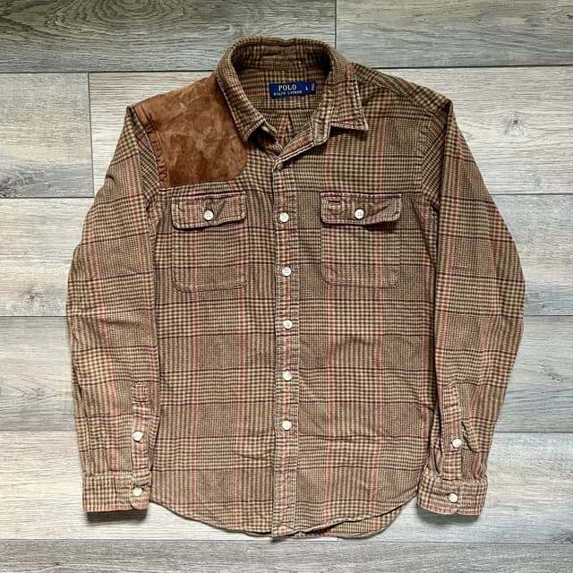 Polo Ralph Lauren plaid flannel button-up shirt with suede shoulder patch used for testing