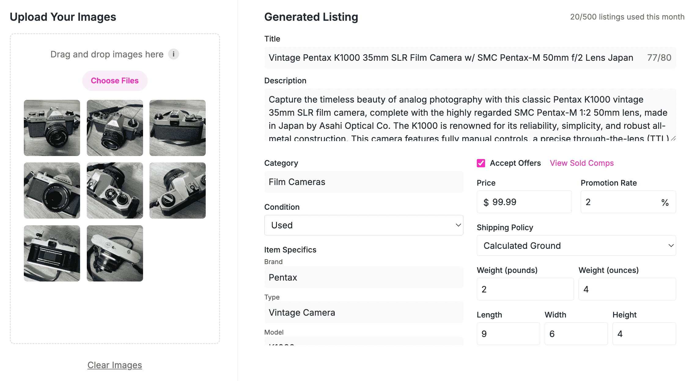 QuickList eBay listing generator demo